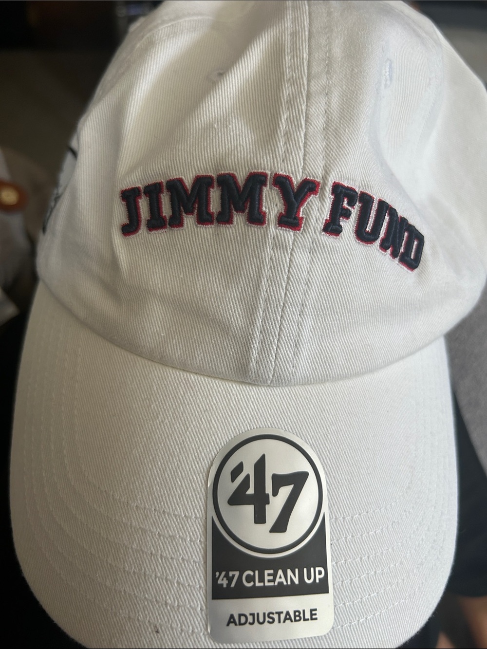 47 White Baseball Cap with Black and Red Embroidered 'JIMMY FUND' Adjustable